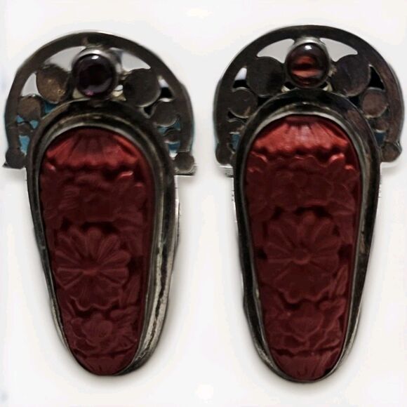 Vintage Sajen Designer Sterling Silver Carved Cinnabar Garnet Clip On Earrings - Picture 8 of 9